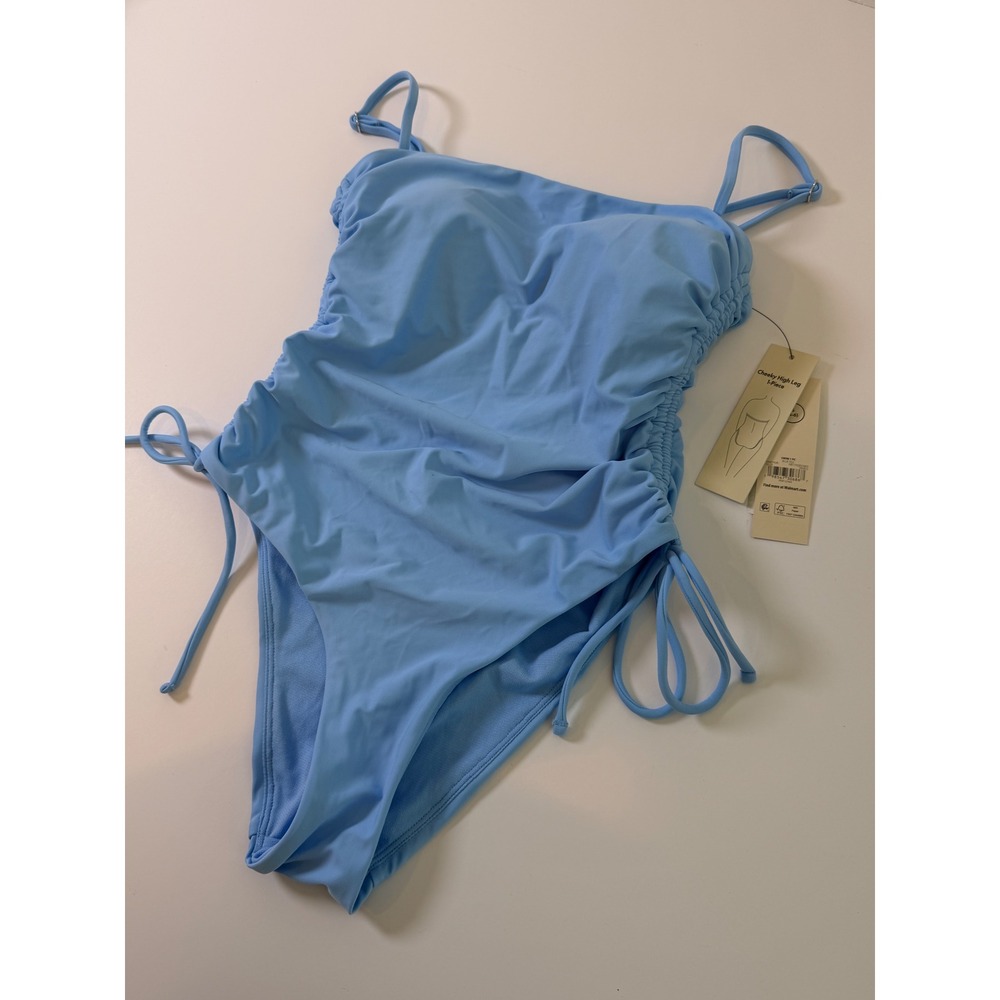 No Boundaries Blue Bird Cheeky High Leg Ruched One Piece Swimsuit S 4-6 NWT